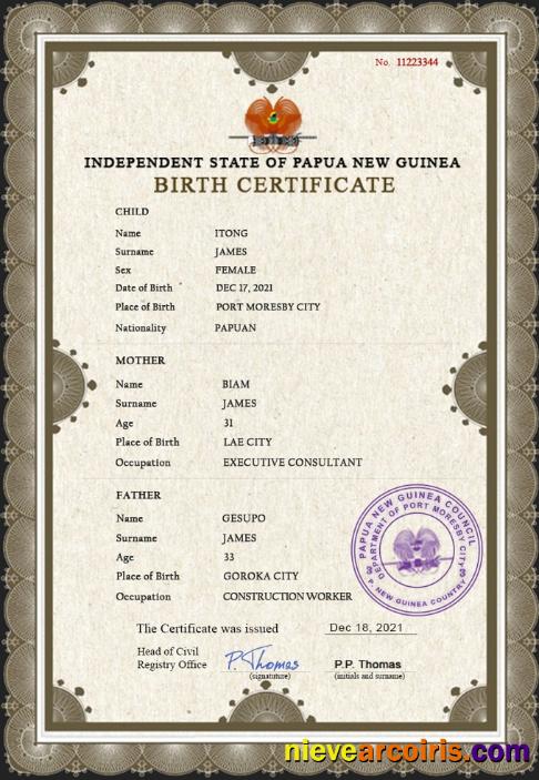 Papua New Guinea birth certificate